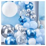 PartyWoo Blue Balloon Garland Kit, 140 pcs Blue and White Balloon Arch Kit, 4D Silver Balloons, Metallic Balloons, Confetti Balloons for Baby Shower Decorations, Birthday Decorations, Baptism