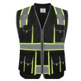 JKSafety 10 Pockets Hi-Vis Zipper Front Black Safety Vest | Cushioned Collar | High Reflective Tapes with Extended Neon Yellow Strips | Meets ANSI/ISEA Standards (Large, 89-Black)