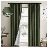 MIULEE Olive Green Pinch Pleated 100% Blackout Linen Curtains for Bedroom, Room Darkening Dark Green Window Curtains 84 inches Long for Living Room, Black Out Pleat Drapes with Pin Hooks, 2 Panels