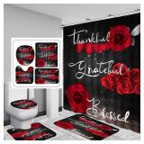 4Pcs Red Rose Shower Curtain Sets, Thankful Grateful Blessed Bathroom Curtain with Non-Slip Rug, Toilet Lid Cover, Bath Mat and 12 Hooks, Romantic Showy Floral Wedding Decor for Bath, 72 x 72 inch