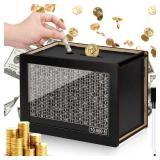 Wooden Money Box for Cash, Plus Size 10000 Savings Challenge Box, Reusable Kakeibo Money Saving Box with 10k Saving Goal, Cash Vault Wooden Savings Box for Adults Kids Boy Girls (10000 Dollars)