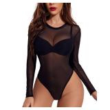 Avidlove Sexy Mesh bodysuit for Women Black Long Sleeve Bodysuit Round Neck Sheer Leotards Sexy Tops Snap Crotch Black Small