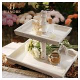 Hanobe Tiered Tray for Table Decor: 2 Tier Serving Stand Farmhouse Decorative Tray for Coffee Bar Centerpiece Rectangle Wood Display Stands Kitchen Counter (White)