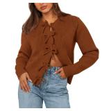 BTFBM Cardigan Sweaters for Women Trendy 2024 Fall Open Front Long Sleeve Button Down Bow Knot Cropped Lady Jacket(Caramel, XX-Large)