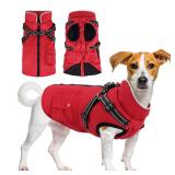 Dog Winter Coat with Harness | Dog Jacket Waterproof with Zipper and Fleece | Warm Dog Coat with Reflective for Small Medium Dogs Red