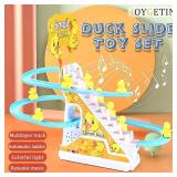 JOYGETIN Small Ducks Climbing Toys,Electric Duck Climbing Stairs Tracks Slide Toy Set,Duck Roller Coaster Toy with Flashing Lights & Music On/Off Button