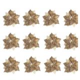 (Pack of 12) Glitter Poinsettia Christmas Tree Ornaments,Christmas Decorations Flower (Brown Gold)