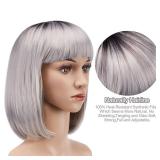 AGPTEK 13 Inches Straight Heat Resistant Short Bob Hair Wigs with Flat Bangs for Women Cosplay Daily Party - Grey