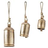 Deco 79 Gold Metal Tibetan Inspired Decorative Giant XL Cow Bells with Jute Hanging Rope, Set of 3 10",8",6"H - Cylindrical