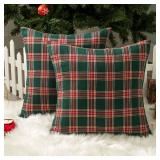 AQOTHES Pack of 2 Christmas Plaid Decorative Throw Pillow Covers Scottish Tartan Cushion Case for Farmhouse Home Holiday Decor Red and Green, 20 x 20 Inches