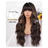 AISI QUEENS Brown Wig with Bangs for Women Long Wavy Hair Wig Brown Highlight Wig Curly Wavy Synthetic Wigs for Girls Daily Party Use