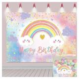 Rainbow Happy Birthday Banner Backdrop for Girl Women Colorful Rainbow Party Decorations Backdrop Pastel Rainbow Kid Girl Baby Shower Party Cake Table Supplies (70x40 inch (6x4FT))