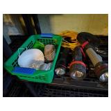 Flashlights, leash, extension cord and plastic basket w/light bulb, masks and more