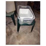 2 outdoor end tables, plastic jug and 2- totes w/no lids