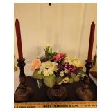 Matching set of candle stick holders w/centerpiece and faux flowers