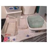 3- Totes w/lids, 2-trashcans and a couple plastic totes w/o lids