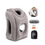 JefDiee Inflatable Travel Pillow for Airplanes, Airplane Neck Pillow Comfortably Supports Head and Chin for Airplanes, Trains, Cars and Office Napping (Grey)