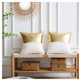 DEZENE Leather Throw Pillow Covers, Set of 2 Modern Leather/Cotton Decorative Pillowcases for Home Decor Bedroom Living Room Couch Bed Sofa, 18x18 Inch, Gold and White