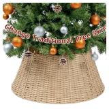 CubesLand Christmas Tree Collars,22.83in Christmas Tree Skirt,Christmas Tree Decor,4-Piece Handcrafted Plastics Wicker Christmas Tree Base Cover,Rustic Christmas Tree Ring,Fit 9-21in Stands,-Natural