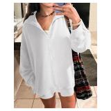 ANRABESS Women Long Sleeve Polo V Neck Split Casual Loose Fit 2024 Fall Tunic Pullover Sweatshirts with Pockets White XX-Large