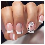 Pink Press On Nails Short Square Coffin Shape Full Cover Reusable False Nails Stick On Nails White Flower Designs White Nail Tips Artificial Fingernails Acrylic Fake Nails for Women Glue On Nails