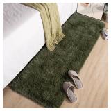 Przemy Fluffy Runner Rug for Bedroom Living Room, 2x6 Feet Olive Green Shag Area Rugs, Soft Fuzzy Carpet for Bedside Nursery Kids Room College Dorm, Plush Throw Rug for Home Decor