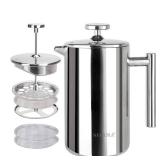 Secura French Press Coffee Maker, 304 Grade Stainless Steel Insulated Coffee Press with 2 Extra Screens, 12oz (0.35 Litre), Silver (SFP-12DS)