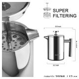 Secura French Press Coffee Maker, 304 Grade Stainless Steel Insulated Coffee Press with 2 Extra Screens, 12oz (0.35 Litre), Silver (SFP-12DS)