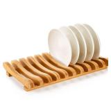 Frcctre Bamboo Dish Drying Rack, 10 Slots Bamboo Cabinet Plate Stand Dish Drainer Wooden Plate Rack Pot Lid Holder Kitchen Dish Plate Storage Organizer for Countertop Cabinet