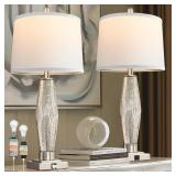 QiMH Table Lamps Set of 2, Bedroom Lamp with USB A+C Charging Ports, Modern Beside Lamps for Living Room with White Shade Rotary Switches, Glass Nightstand Lamp Home Decor (LED Bulbs Included) - Retai