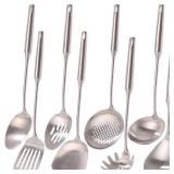 A 18/10 Stainless Steel Kitchen Utensils Set - 15â Long Metal Cooking Tools & Serving Utensil, 9 PCS - Meat Fork, Solid Spoon, Slotted Spoon, Spatula, Ladle, Skimmer, Tunner, Pasta Serve, Large S