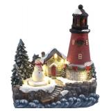 Lightahead Christmas Scene LED Lighted Lighthouse with Turning Snowman Figurine, A Musical Decoration with 8 melodies