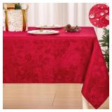 Mebakuk Christmas Jacquard Tablecloth Waterproof Elegant Damask Floral Pattern Table Cloth, Heavy Weight Wipeable Wrinkle Free Table Covers for Dinner or Daily Uses (Red, 60" x 144" (12-14 Seats))