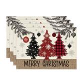 Artoid Mode Red Pine Trees Balls Merry Christmas Placemats Set of 4, 12x18 Inch Winter Xmas Table Mats for Party Kitchen Dining Decoration