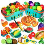 A 100 PCS Cutting Play Food Toy for Kids Kitchen, Pretend Food Toys for Toddlers, Play Kitchen Toys Accessories with 2 Baskets, Fake Food/Fruit/Vegetable, Birthday Gifts for 3 4 5 Years old Boys Girls