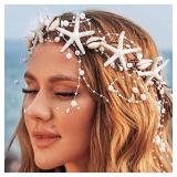 Unicra Starfish Headband Pearl Bride Wedding Hair Vine Shell Bridal Headpiece Beach Hair Accessories for Women and Girls (White Brown, Free Size)