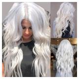 RicHyun White Wig Long Curly Wavy Wig Middle Part Cosplay Wig Synthetic Heat Resistant Costume Halloween Wigs for Women Girls