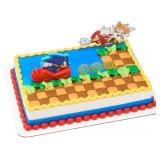 DecoSet Sonic The Hedgehog Cake Topper, 3-Piece Decoration Set With Tails & Knuckles Cake Pic, Rings Cake Pic And Rolling Sonic Action Figurine, For Birthday And Celebrations