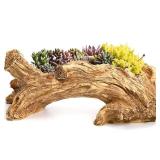 Hiceeden Artificial Driftwood Succulent Planter, Resin Tree Stump Sculpture Rustic Cactus Flower Pot for Herb, Strawberry, Small Plants, Natural Color Drainage Hole, 14.6" L x 4.3" W x 5.1" H