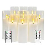 kakoya Flickering Flameless Candles Battery Operated with Remote and 2/4/6/8 H Timer Plexiglass Led Pillar Candles Pack of 9 (D2.3"xH 5"6"7")with Realistic Moving Wick Candles for Home Decor(White)