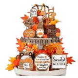 Maitys 21 Pcs Fall Thanksgiving Tiered Tray Decor Set Fall Pumpkin Gnome Truck Wood Sign Rustic Farmhouse Decor Hello Fall Wood Bead Decorative Tabletop Sign for Autumn Thanksgiving Day(Rustic)