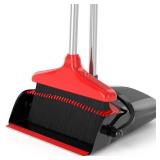 Broom with Dustpan Combo Set 54" Long Handle Adjustable Length Stainless Steel Broomstick Standing Dust Pan and Broom Set for Office Home Kitchen Lobby Floor Cleaning (Red and Black)