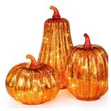 KI Store Glass Pumpkin with Lights and Timer Set of 3 Lighted Mercury Glass Pumpkins for Fall Halloween Thanksgiving Decorations Battery Operated