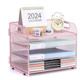 NCXTKJ 4-Tier Desk Organizer Paper Tray Organizer with Handle, Mesh Desk File Organizer Letter Tray for Office Supplies Desk Organizers and Accessories - Pink