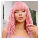 andromeda Pink Wig with Bangs Soft Short Wavy Bob Wigs for Women Synthetic Shoulder Length Women