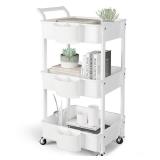 3-Tier Utility Rolling Cart,Mobile Utility Cart with Lockable Caster Wheels,Storage Shelves Organizer Cart, 3 Hanging Baskets, Easy Assembly,for Bathroom, Kitchen, Office, Workshop,White