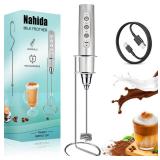 Nahida Silver Milk Frother Wand for Coffee Frother Handheld with Stand Rechargeable Electric Whisk with 3 Heads 3 Speeds Drink Mixer Coffee Frother Foam Maker For Latte, Cappuccino, Hot Chocolate, Egg