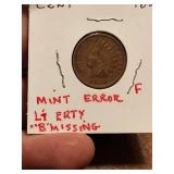 1893 Error Indian cent. Liberty missing the 