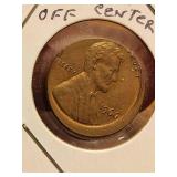 1966 error Lincoln penny stamped off center