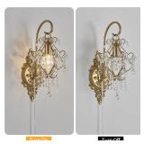 Fetason Plug in Gold Wall Sconces Set of 2 Pack, Vintage Crystal Wall Sconce Indoor Wall Lighting Fixture, Wall Mount Lamp for Bedroom Living Room, Bathroom Vanity Light Fixture E12 LED Bulb - Retail: